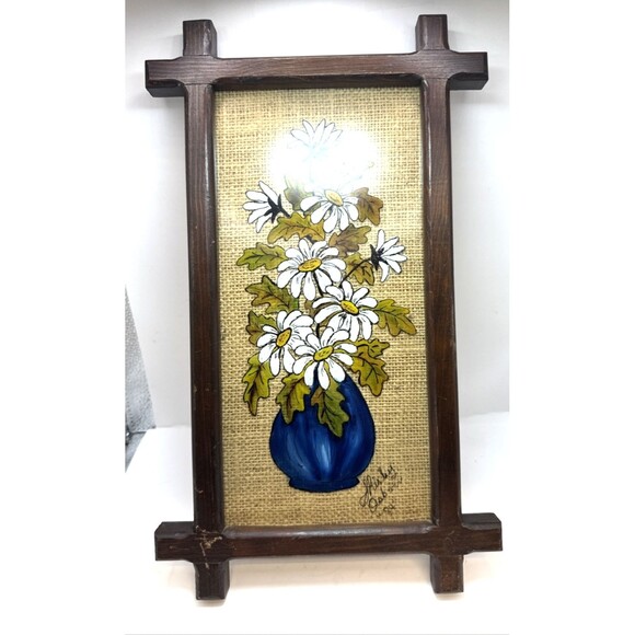 Other - Vintage Rattan Wicker Background Reverse Hand Painted Daisies’s Blue Vase 15 In